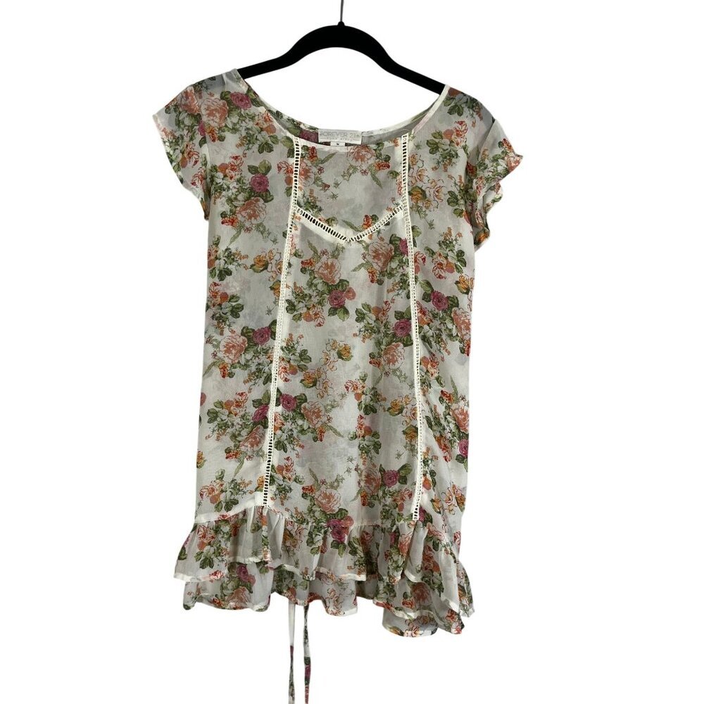 Forever 21 Sheer Floral Ruffle Top 1X Tan Feminine Cottage Boho Indie Folk Chic